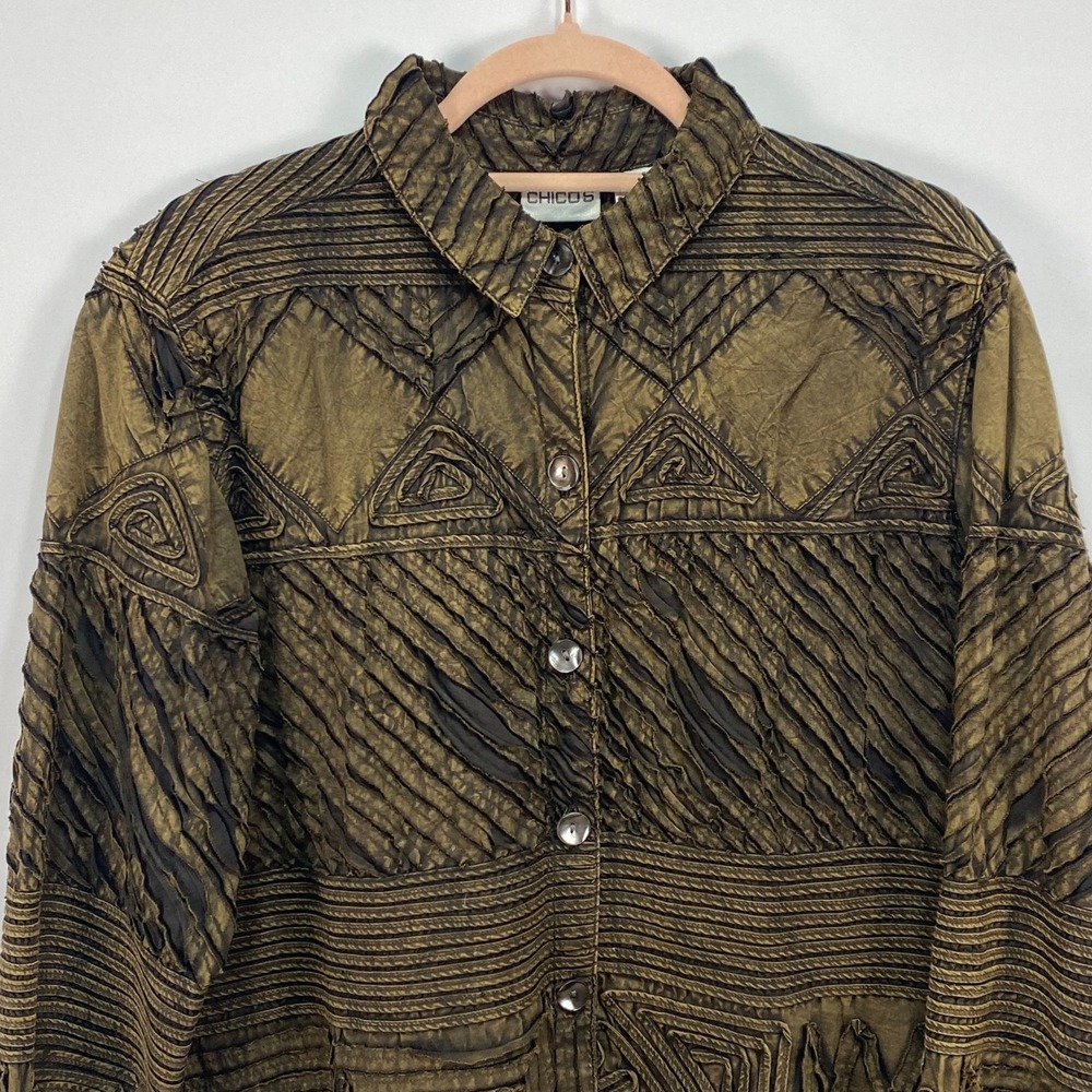 CHICOS Womens Button Front Jacket Sz M Brown Artsy Textured Cotton Distressed - Picture 2 of 10